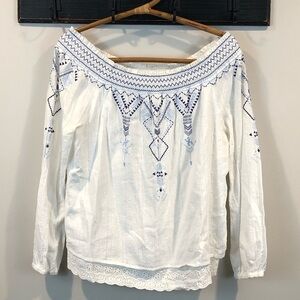 Skies Are Blue Boho Southwestern Embroidered Swiss Dot Off Shoulder Eyelet Top